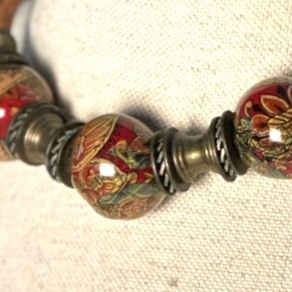 Vintage Boho Ceramic Necklace, Leather Cord Choker - Picture 4 of 6